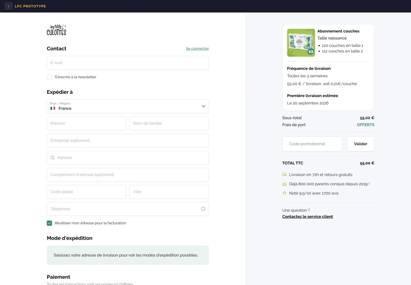 Checkout desktop avec formulaire et résumé de commande