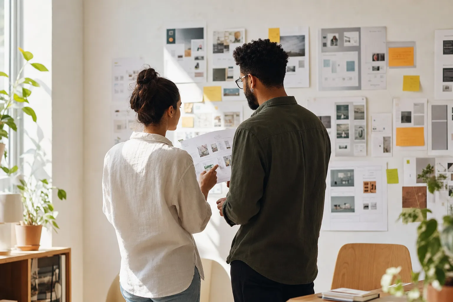 Critique de design devant un mur d’écrans imprimés