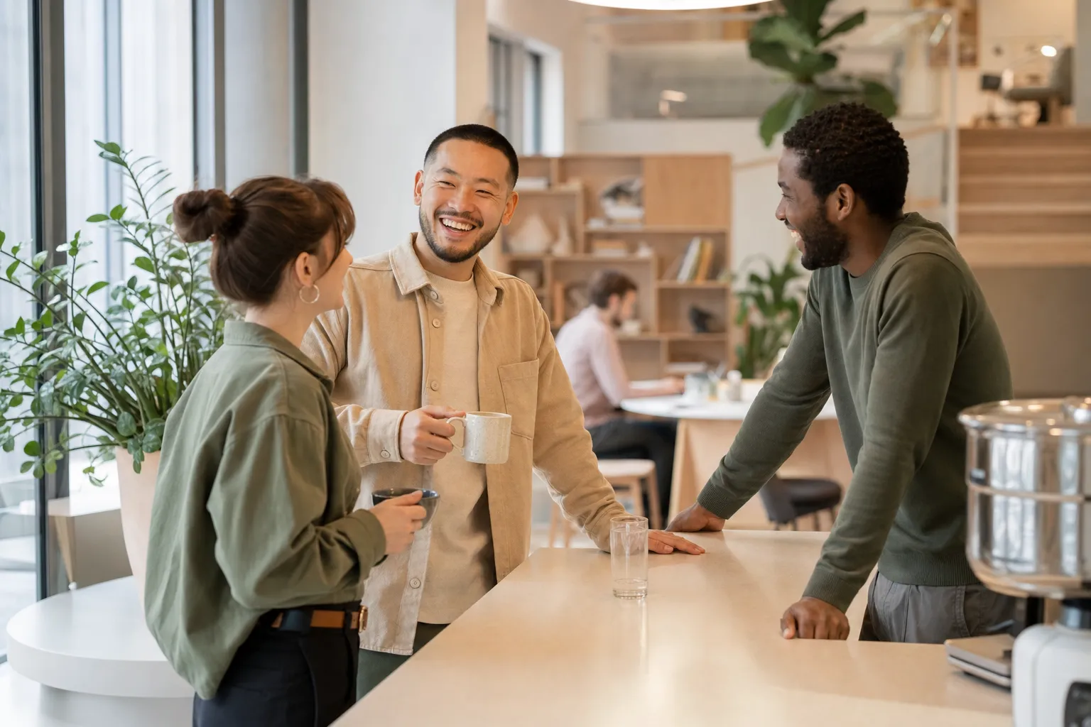 Pause café entre collègues au comptoir du coworking